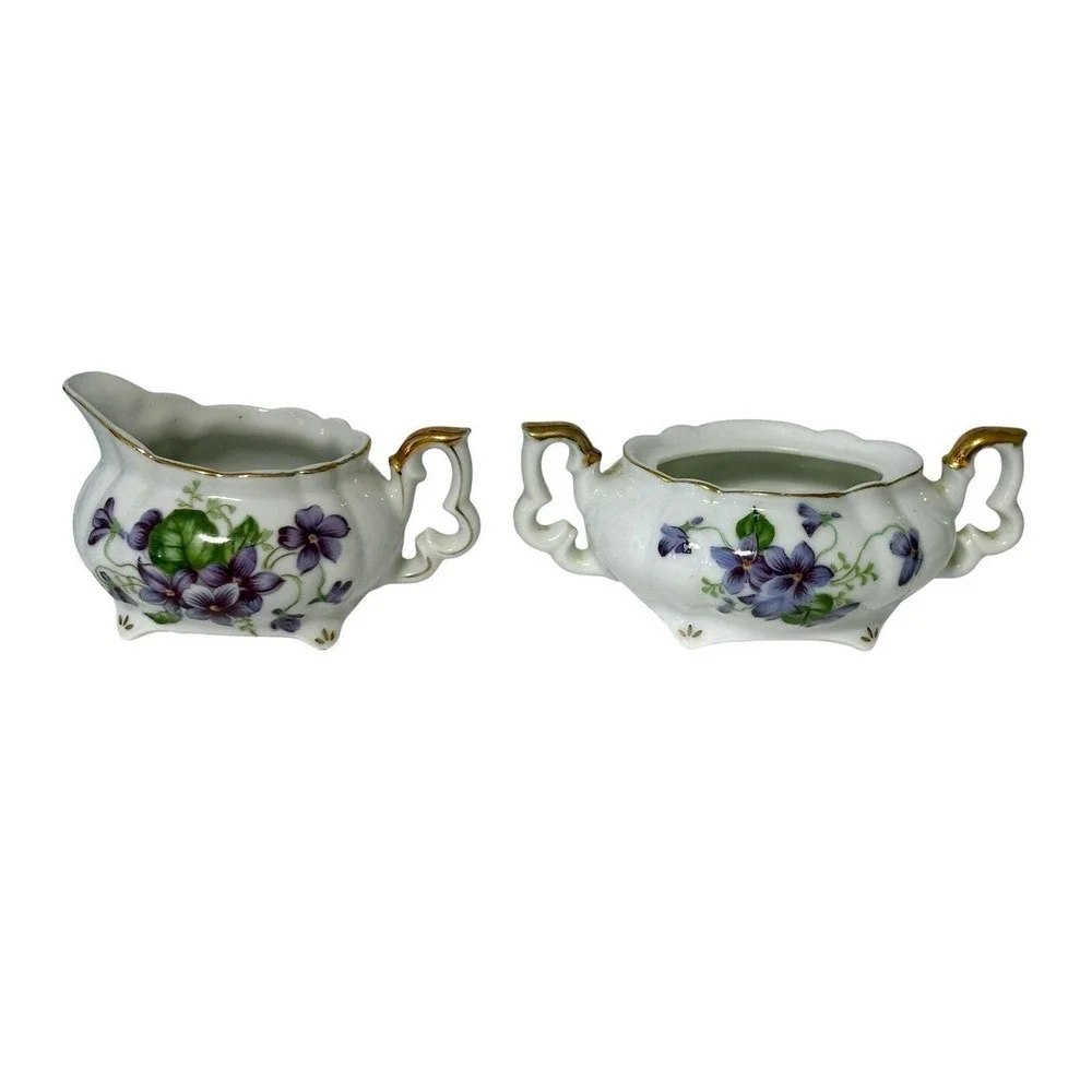 Vintage Porcelain Creamer and Sugar Bowl Set Purple Violets Gold Trim Footed